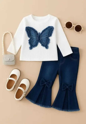 N.MANNAT COLLECTION Baby Girls Daisy Party(Festive) Jeans Top(WHITEE, BLUE)