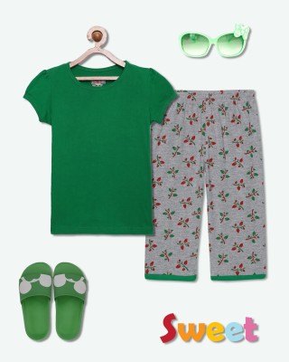 SINI MINI Girls Casual Pyjama Sleepsuit(BGN_LEAF)