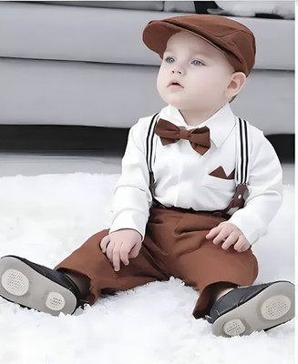 qwzlim fashion Baby Boys Disney Princess Party(Festive) Shirt Bow Tie, Trouser, Suspenders, Cap, Shirt(white-khakhi)