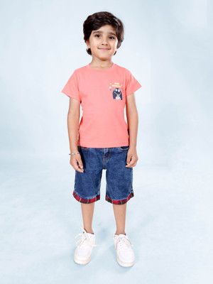 KiddoPanti Boys Casual T-shirt Shorts(Coral / Md Wash Blue)