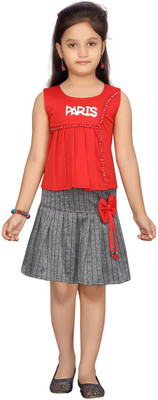 SANGARIA Girls Casual Top Skirt(Red-Grey)
