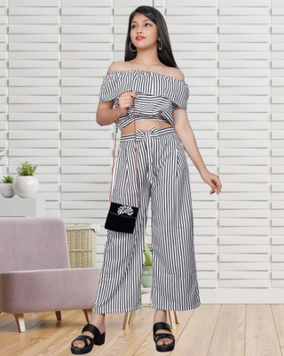 Mk enterprise Girls Casual Top Trouser(White Black)