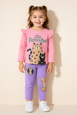 Lazy Shark Girls Casual Top Trouser(Pink & Purple)