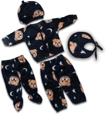 Bubs & Cubs Baby Boys & Baby Girls Casual Dress Pyjama, Bib, Cap, Bootie, Top(Blue)