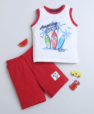 BUMZEE Baby Boys Casual T-shirt Shorts(Red & White)