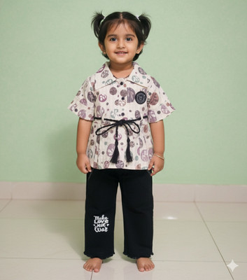 DDORA Baby Girls Casual Top Capri(WHITE AND RUST PRINT)