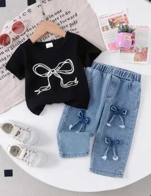 I Naina Dresses Girls Party(Festive) Top Jeans(White & Denim Blue Knot)