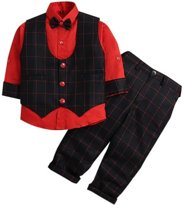Dhyana Baby Boys & Baby Girls Party(Festive) Waistcoat Shirt, Pant, Bow Tie(RED, BLACK)