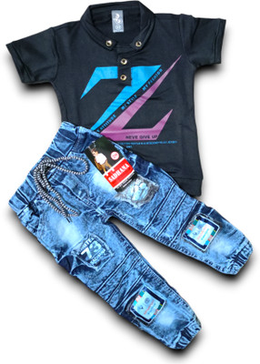 LittleCrown Boys Casual T-shirt Jeans(Black)