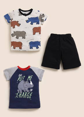 Lazy Shark Boys Casual T-shirt Shorts(Grey & Navy Blue)