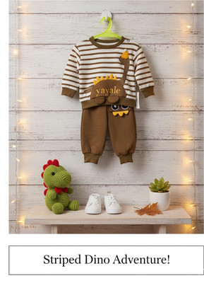 Greendigo Baby Boys & Baby Girls Dinosaur Casual Sweatshirt Sweatpant(Brown & Cream (Striped Pattern))
