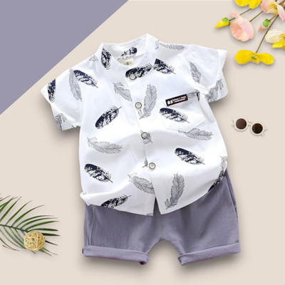 PROVOGUE Baby Boys & Baby Girls Party(Festive) Shirt Shorts(MORPANKH_WHITE_GREY)