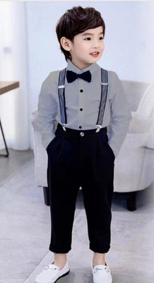 Silvery Baby Boys Party(Festive) Shirt Pant, Bow Tie, Suspenders(GREY)