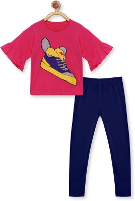 KiddoPanti Girls Casual T-shirt Legging(Hot Pink & Navy)