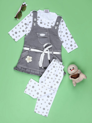 V-MART Baby Girls Casual T-shirt Dungaree(Grey)