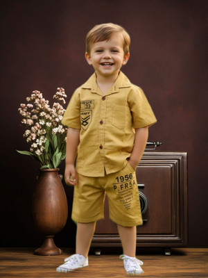 FASHION GRAB Boys Casual Shirt Shorts(Beige)