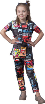 DEEPIMPEX Girls Casual T-shirt Trouser(Ice Black)