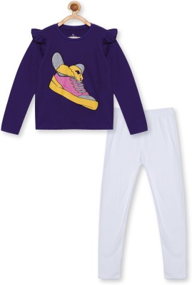 KiddoPanti Girls Casual T-shirt Legging(Purple & White)