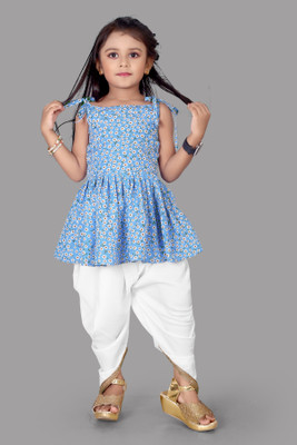Aarya Designer Girls Festive & Party Kurta and Dhoti Pant Set(Blue Pack of 1)