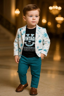 PLAYFULL Baby Boys Party(Festive) Blazer Bodysuit(Blue Blazer , T shirt and matching trouser, 3 Piece Set , Premium and soft Fabric)