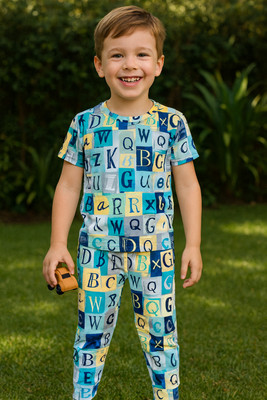 Kidloo Boys Casual T-shirt Track Pants(Blue: Alphabet)