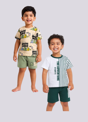 CUTOPIES Boys Casual T-shirt Shorts(ECRU & GREEN)