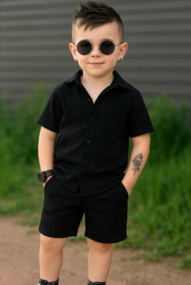 F Plus fashion Boys Casual Shirt Shorts(Black)