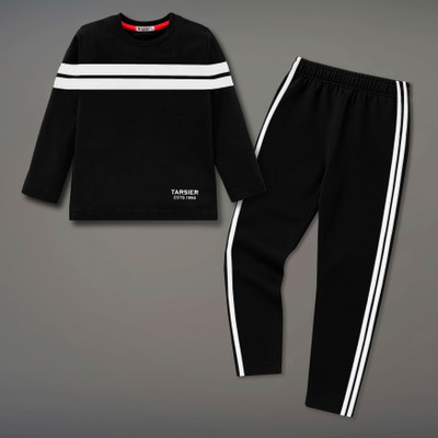 tarsier Boys Casual T-shirt Track Pants(DBL STRIPED BK._BK.NET PANT)