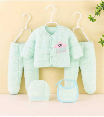 Shyamcollections Baby Boys & Baby Girls Party(Festive) Sweatshirt Bib, Sweatpant, Cap, Pyjama(Green)