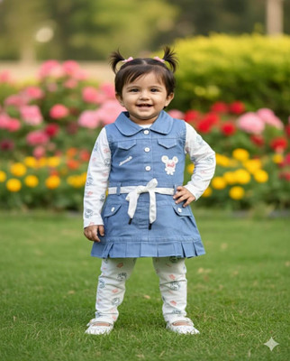 Buble Duble Baby Girls Casual Dungaree and Romper T-shirt, Legging(White & Blue)