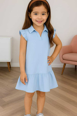ANGELENTERPRISE Indi Girls Midi/Knee Length Casual Dress(Blue, Short Sleeve)