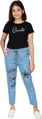 TJSFASHION TREND Girls Casual T-shirt Jeans(Black & Blue)