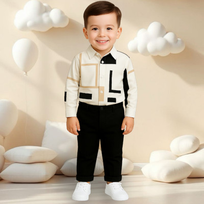 menvy Baby Boys Party(Festive) Shirt Pant(WHITE GEOMETRIC PATTERN)