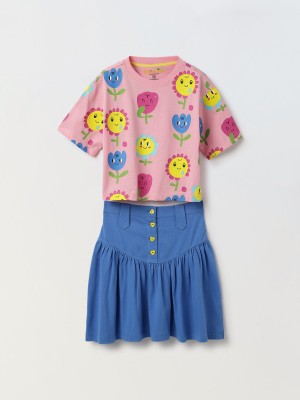 Spunkies Girls Casual Top Skirt(Pink & Blue)