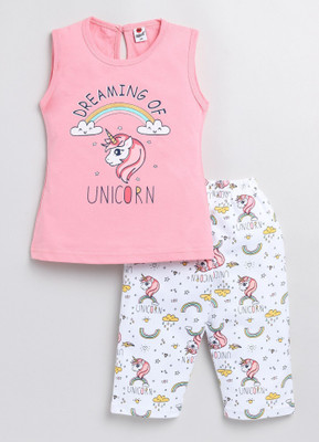 Mars Infiniti Baby Girls Casual Top Capri(Baby Pink, White)