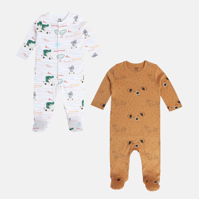MINI KLUB Kids Nightwear Baby Boys Self Design Cotton(White Pack of 2)