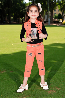 new gen Baby Girls Casual T-shirt Pant, Waistcoat(ORANGE)