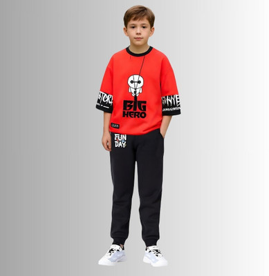 LILBITS Boys Casual T-shirt Track Pants(Red)