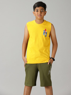 KiddoPanti Boys Casual T-shirt Shorts(Yellow & Military Green)