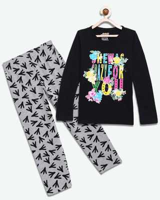 NOW OR NEVER Girls Casual Pyjama Sleepsuit(BLK_DUK)