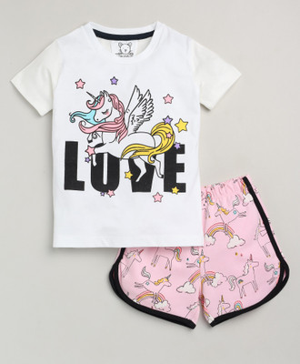Lazy Shark Girls Printed White Top & Shorts Set