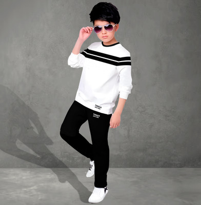 tarsier Boys Casual T-shirt Track Pants(DOUBLE STRIPED WHITE L.SLV_BLACK PANT)