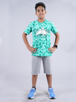KiddoPanti Boys Casual T-shirt Shorts(Green & Steel Grey)