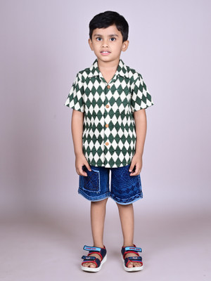 Dear to dad Baby Boys Casual T-shirt Shorts(Green-Check)