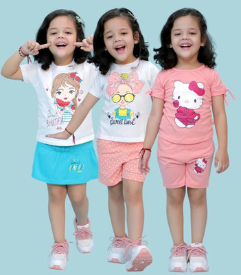 CHANDRIKA LIFESTYLE Girls Casual T-shirt Shorts(SEAGREEN_PINK_ROSE)
