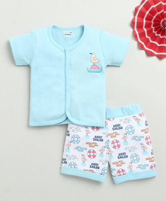 BUMZEE Boys Casual T-shirt Shorts(Sky Blue & White)