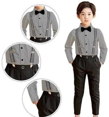 durjafeb Baby Boys Casual Shirt Suspenders, Bow Tie, Pant(GREY+BLACK)