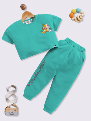 YK X Minute Mirth Boys & Girls Tom & Jerry Casual T-shirt Pant(Teal)