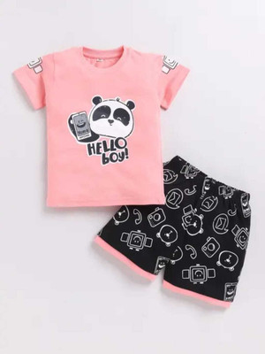 MUSNAHGARMENTS Baby Boys Casual T-shirt Shorts(Peach and black)