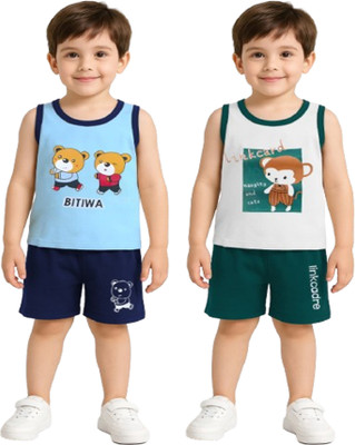 PY PINKYOU Baby Boys Casual T-shirt Shorts(WATERBLUE-WHITE)